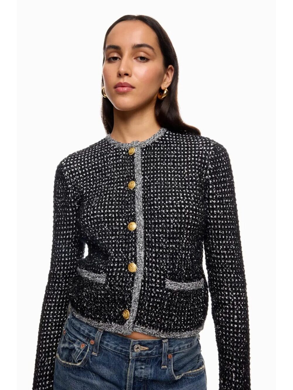 Club Monaco Tweed Cardigan Black White Gold Buttons Cropped Lady Jacket Size L